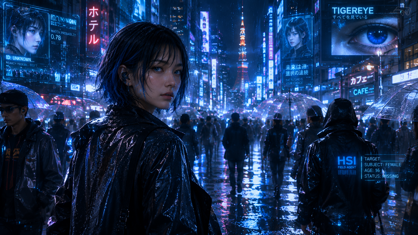 都市の雨の中で振り返る Maria Sapphire